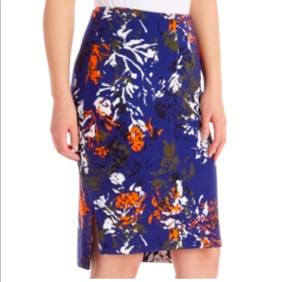 Lysse Palm High Waisted Stretch Navy Blue Orange Floral Pencil Skirt Medium - Picture 1 of 3